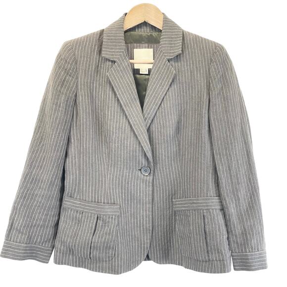 Magaschoni Womens 6 Linen Blazer Jacket One Button Pinstripe Career Brown White - Picture 1 of 8